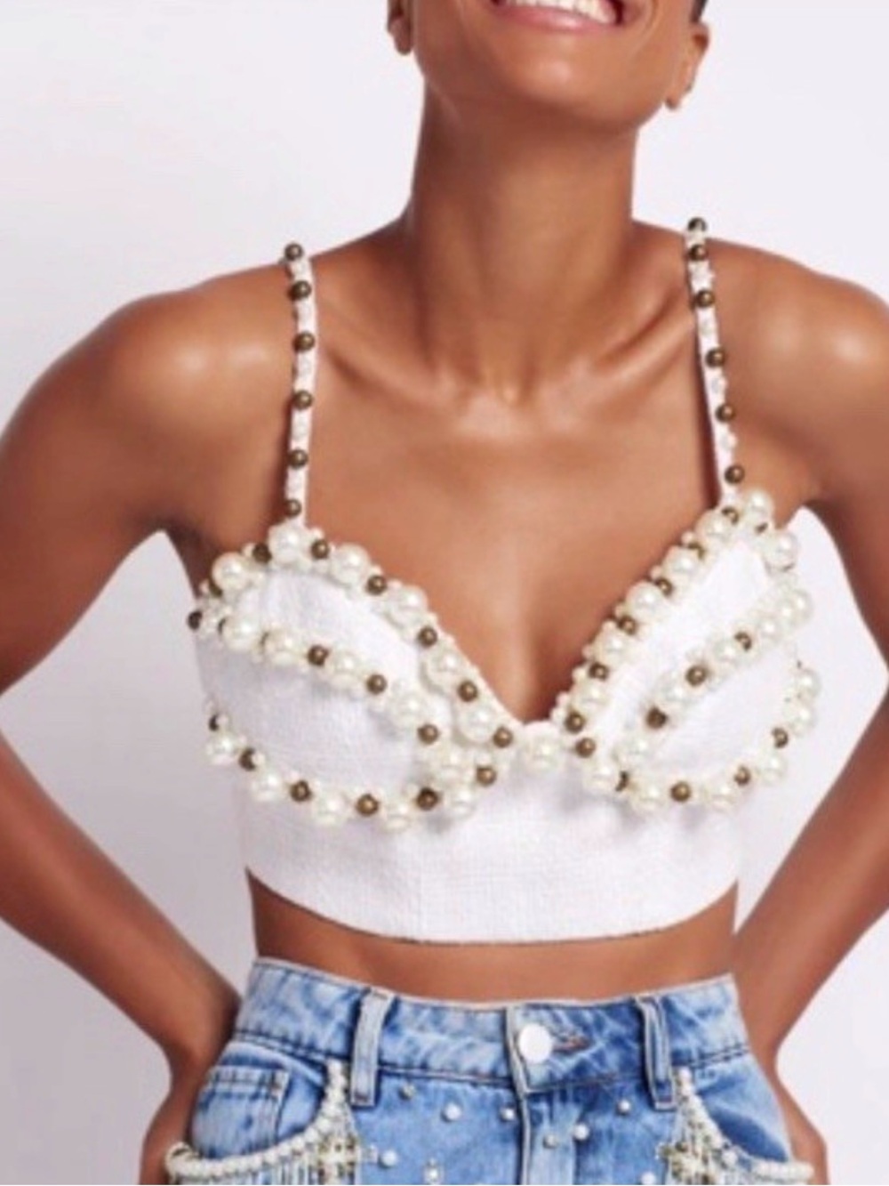 PatBO pearl beaded crop top